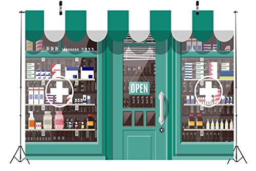 CORFOTO 7x5ft Fabric Facade Pharmacy Store Backdrop Storefront Shop Building Medicines on The Shelf Background Pharmacy Th...