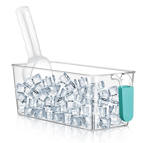 Havawish 1 Set Ice Bin and Flexible Scoop Set Plastic Freezer Ice Bin with Pull out Handle Storage Bucket Clear for Contai...
