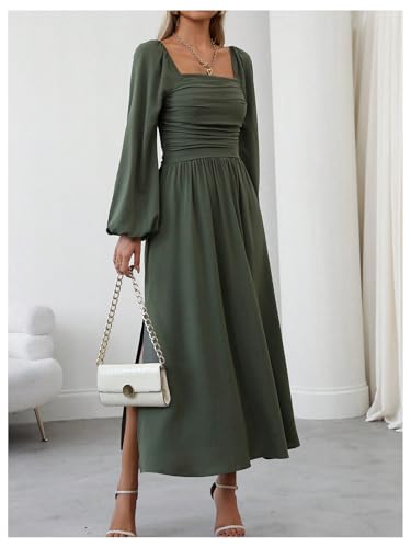 Floerns Women's Square Neck Lantern Long Sleeve Dress Split Ruched Party Midi Dresses