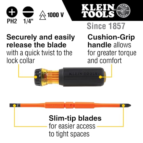 Klein Tools 32293 Insulated Screwdriver, 2-in-1 Screwdriver Set with Flip Blade, #2 Phillips and1/4-Inch Slotted Tips, Dou...