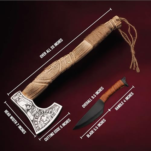 Viking Axe with Gift Viking Knife Also Leather Sheaths, Carbon Steel, Carved Wooden Handle, Bearded Heaven Hatchet for Cam...