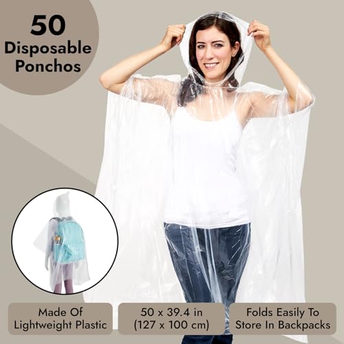 Juvale Disposable Rain Ponchos for Adults - Packable Travel Poncho - Waterproof Hooded Design - Festival Essentials - 50 P...