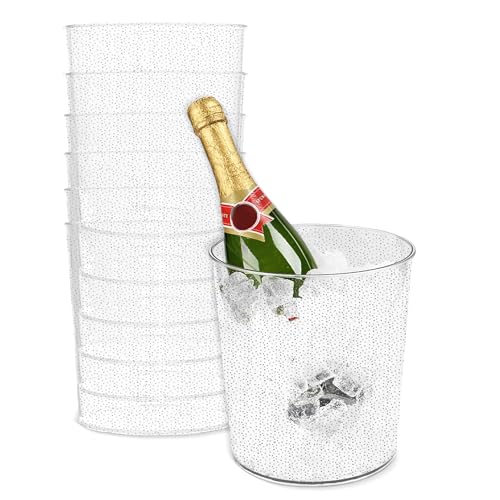 Spec101 Ice Bucket for Champagne - 6 Pack Plastic Ice Buckets for Parties - 2.83L Silver Transparent Bridal Beverage Tub C...