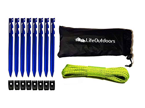 LITEOUTDOORS Ultralight Tent Stake Kit - 12 Aluminum Tent Pegs, 100' Reflective Guyline, 12 Cord Tensioners - for Backpack...