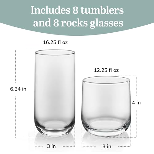Libbey Ascent Tumbler and Rocks Drinking Glasses Set of 16, Glass Drinking Glasses with Curvature, Versatile Glassware Set...