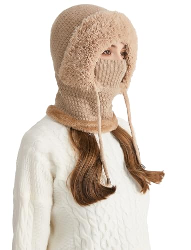 SEAUR Women One-Piece Slouchy Winter Beanie Hats Fleece Lined Scarf Mask Warm Cap Balaclavas Knitted Hat with Drawstring