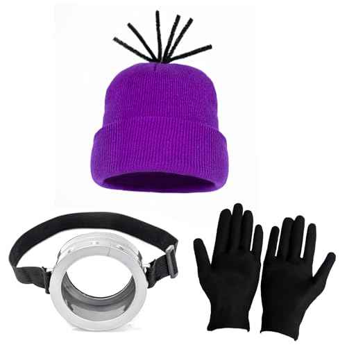 3pcs Purple Fashion Beanie Hat One Eye Steam Vintage Eyewear Black Gloves Cosplay Accessories
