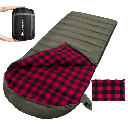 Keencamp 0 Degree Sleeping Bag Cotton Flannel Winter Cold Weather for Adults XXL Sleeping Bag 4 Season Big and Tall with P...
