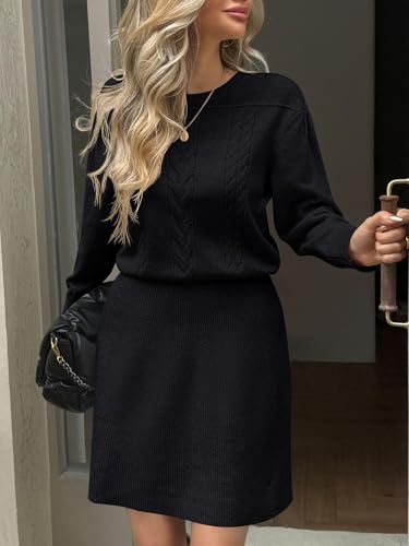 Saodimallsu Womens Puff Long Sleeve Sweater Dress Cable Knit A Line Crew Neck Fall Casual Flare Mini Dresses