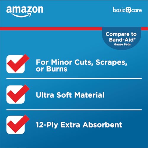 Amazon Basic Care Gauze Pads, 4x4 inches Sterile Medical Wound Dressing Sponges for Cleaning, Covering, & Cushioning Cuts...