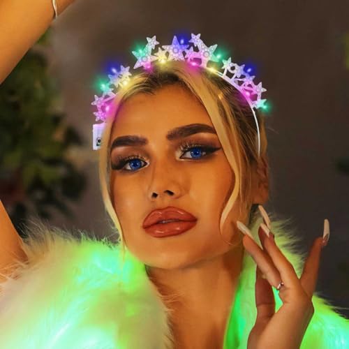 DRESBE Light Up Star Headband New Year LED Rhinestone Headbands Glow NYE Party Hair Accessories for Women (Silver)