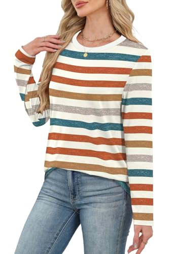 WIHOLL Womens Striped Long Sleeve Shirts Fall Outfits 2025 Color Block Tops Fashion Clothing Ribbed Crewneck Tee Blouses