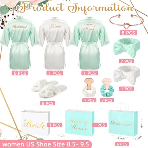 48 Pcs Bridesmaid Bride Robes Set of 8 Bridal Party Silk Satin Robes for Wedding Bachelorette Party Gifts (White,Sage Green)