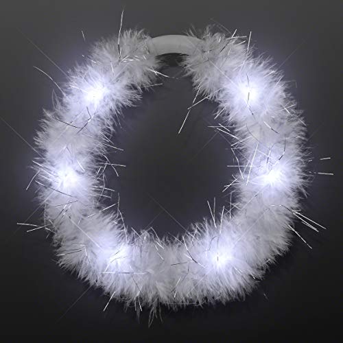 FlashingBlinkyLights Light Up White Angel Halo Headband with Marabou Feathers and White LED Lights