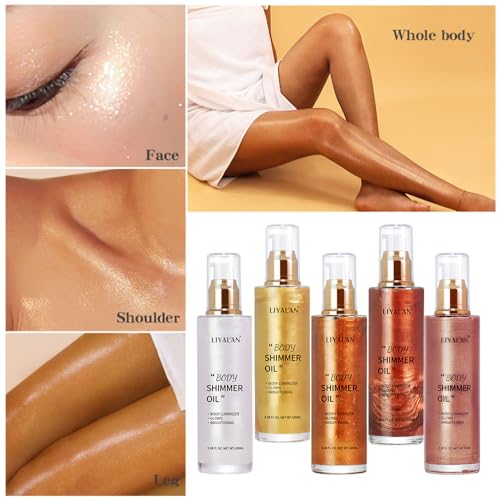 Liyalan Shimmer Body Oil 5 Color Gold 3.38 Fl Oz Face Glow Pearl Highlighter Illuminator Body Makeup Shine Glitter Gold Li...