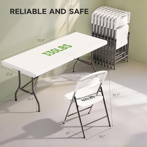 Ortus Collective 6FT Folding Table Set with 6 Folding Chairs, Heavy Duty 330 lbs Table & 600 lbs Chairs, Portable Folding ...