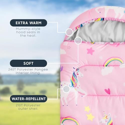 Wake In Cloud - Kids Sleeping Bag for Girls Toddlers, Camping in Warm Cold Weather, Backpacking Lightweight Compact Outdoo...