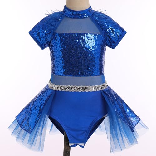 ODASDO Girls Shiny Sequins Ballet Dance Leotard Short Sleeve Feather Tutu Dress Hip Hop Latin Jazz Stage Performance Outfit