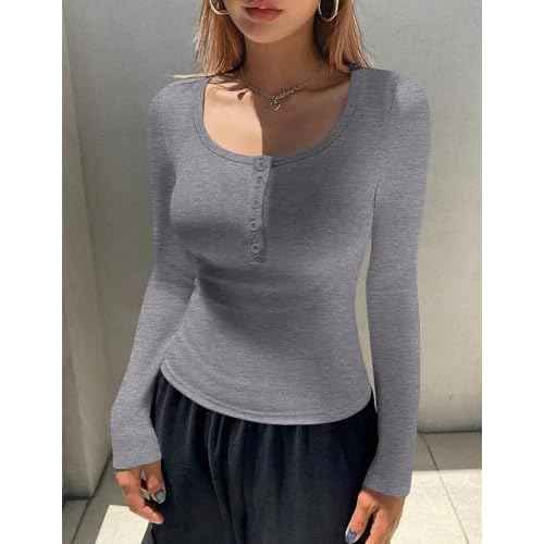 Ekouaer Women's Long Sleeve Henley T Shirts 3 Packs Fall Button Slim Fit Tops Basic Base Layer Soft Thermal Undershirts