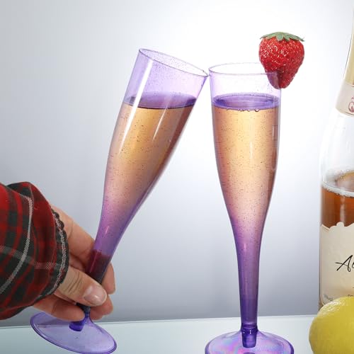 Homy Feel 6.5 OZ Purple Glitter Plastic Champagne Flutes 30 Pack, Disposable Wine Glasses for Party,Plastic Champagne Glas...