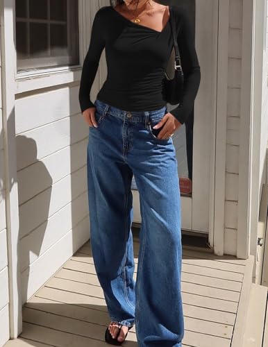 ZESICA Women's Long Sleeve Asymmetrical Neck Ruched Slim Fit Shirts 2026 Fall Fashion Casual Tee Going Out Tops
