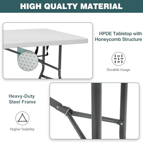 FDW 6 Foot Outdoor Dining Table, Foldable Portable Rectangular Plastic Folding Table with Built in Carrying Handle for Par...