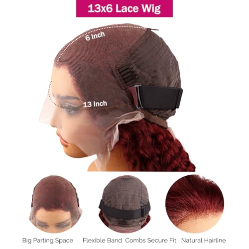 Red 99j Burgundy Wig Human Hair Red Burgundy Wig 200 Density 13x6 Deep Wave Lace Front Wigs Curly Human Hair Wig For Black Women Pre Plucked Transparent HD Lace Frontal Wig 18 Inch