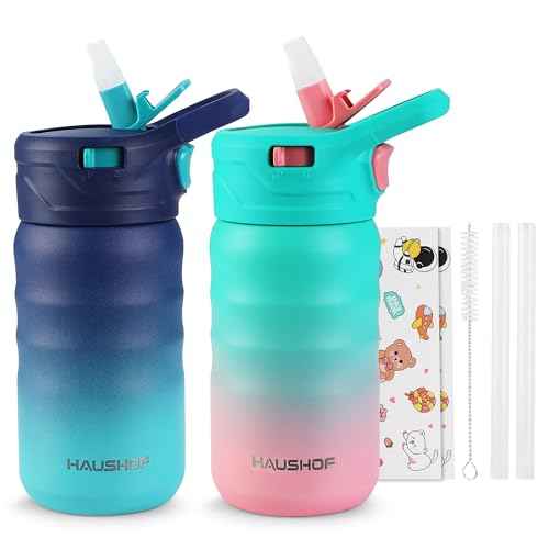 HAUSHOF Kids Water Bottle 2-Pack (12 oz) BPA-free with Straw and Stickers, Stainless Steel Vacuum Double Wall Insulated cup with Leak Proof for school, Gifts, Boys and Girls(Blue/Pink)