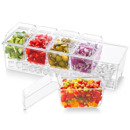 Lifewit Ice Chilled Condiment Caddy with 5x 20oz(2.5 cup) Containers, 15.3" Condiment Server with Separate Lids, Serving T...