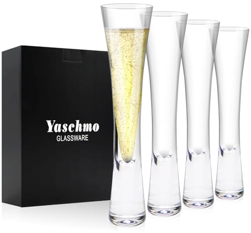 Yaschmo Champagne Flutes Set of 4, Hand Blown Crystal Champagne Glasses, Modern Unique Design, Lead-Free Prosecco Glasses,...