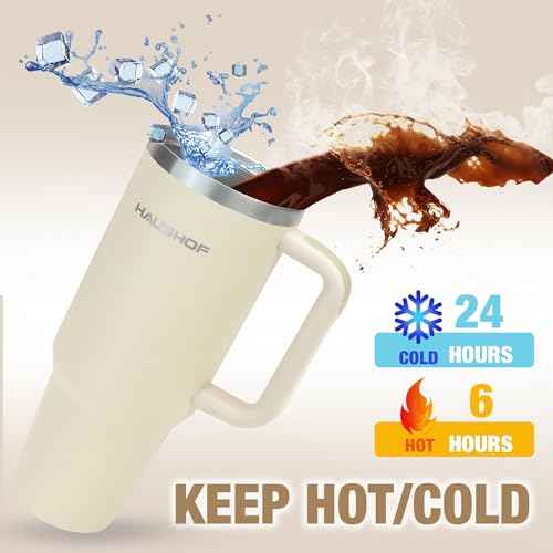 HAUSHOF 40 oz Tumbler with Handle and Straw, Insulated Stainless Steel Coffee Tumbler with Tritan Lid, Double Walled Travel Mug Water Bottle Cup, Large Tumbler for Hot and Cold Drinks