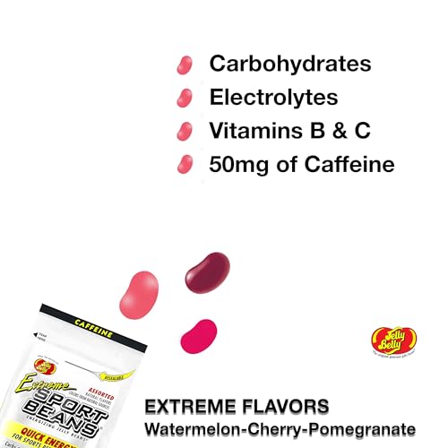 Jelly Belly Sport Beans- Extreme Assorted - Energy Chews with Caffeine [24 Pack] Box (Cherry, Watermelon & Pomegranate) Cl...