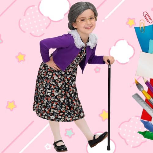 ZFQI Kids Old Lady Costume for Girls 100 Days of School Costume Grandma Costumes Dress Up for Halloween 3-10 Years