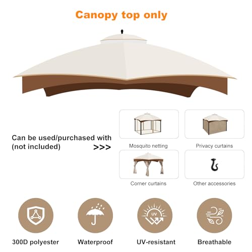 10x12 Canopy Replacement Top, Double Tiered Gazebo Cover with Air Vent Heavy Duty, Waterproof Gazebo Roof with Upgraded 30...