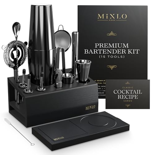 MIXLO HOME Mixology Bartender Kit - 15Pcs Bar Set Cocktail Shaker Set w Black Bar Cart Accessories Stand - Shakers Bartend...