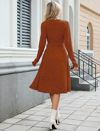 ZAFUL Women's 2025 Casual V Neck Long Sleeve Sweater Dress Wrap Ribbed Knit Pleated Midi Dresses with Belt