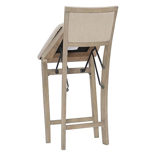 Linon Keira Natural Rustic Wooden Folding Counter Stool with Beige Upholstered Seat and Back