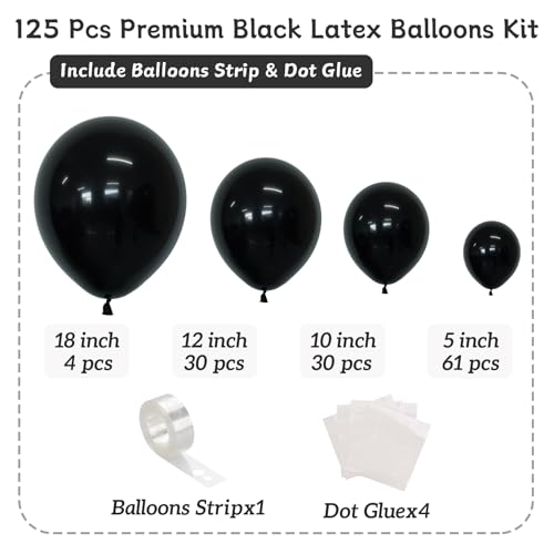 CVPARTYON Black Balloons 125 Pcs Different Sizes Pack of 18 12 10 5 Latex Balloons for Birthday Party Black Balloon Arch K...