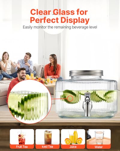VEVOR Beverage Dispenser, 0.8 Gallon Drink Dispensers for Parties, Glass Juice Dispenser with No-Drip Spigot and Lid, Iced...