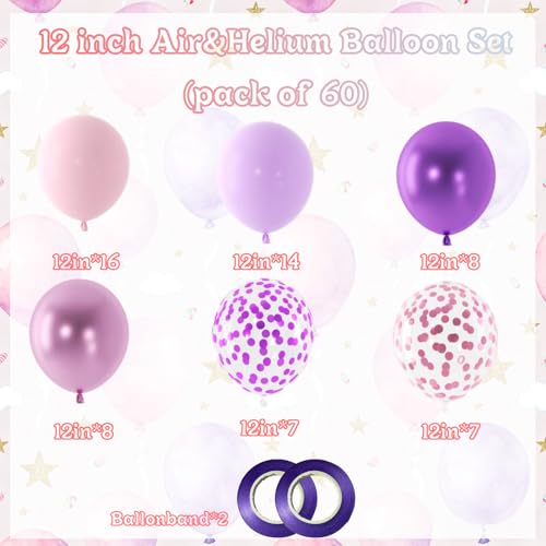 60 Pieces Pink Purple Balloons, 12 Inches Metallic Light Purple Balloon Confetti Balloons for Birthday, Wedding, Unisex Ad...