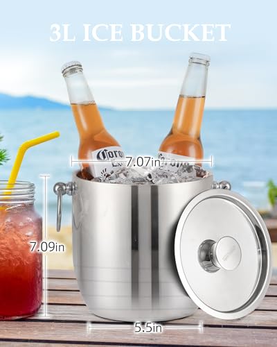 Golden Cudgel Insulated Ice Bucket, 3L Double Wall Stainless Steel Ice Bucket with Tongs,Lid, Scoop and Strainer, Ice Buck...