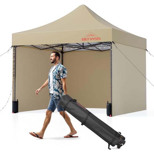 Benass 10x10 Pop Up Canopy Tent with 8 Reinforced Steel Wire Ropes, Heavy Duty Instant Canopies with 3 Removable Sidewall...