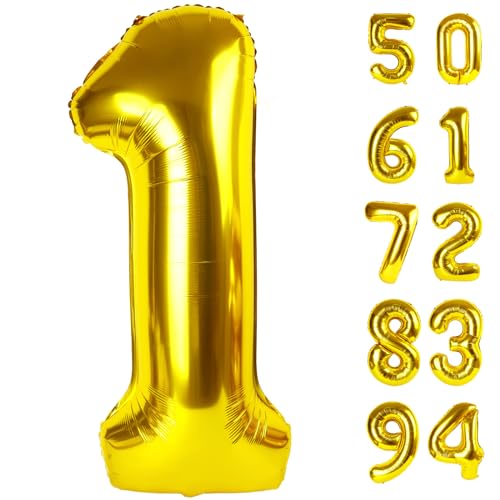 40 Inch Gold 1 Balloon for First Birthday, Gold One 1st Number Balloon Birthday Decorations, 10th 21st, Giant Number 1 Bal...