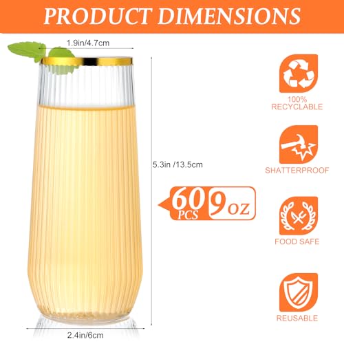 Reallnaive 60 Pack Ribbed Stemless Toasting Glasses, 9 Oz Plastic Champagne Flutes, Disposable BPA-Free Gold Rim Toasting ...