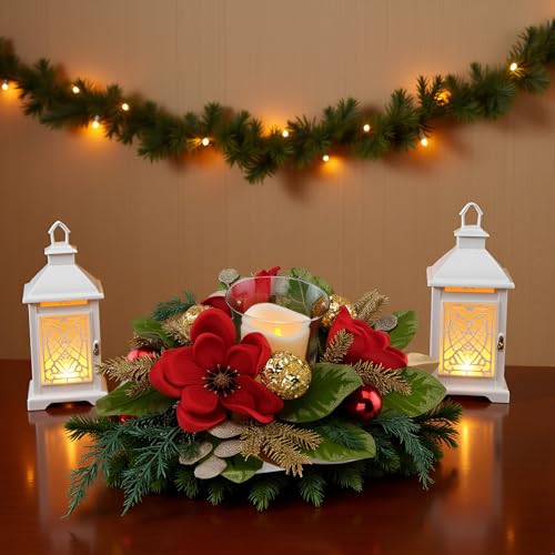 18" Centerpiece with Flameless LED Candle Holder, Design with Red Artificial Magnolia, Gold Baubles & Spruce Branches for ...