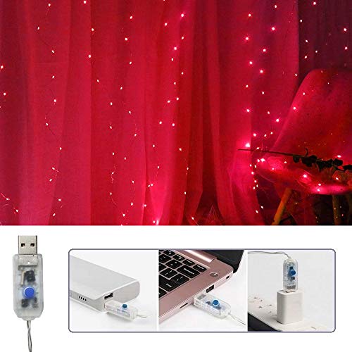 300 LED Curtain Christmas String Lights, Backdrop Fairy Lights With Remote Control USB Power 8 Lighting Modes Window Red L...