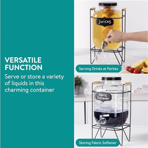 Navaris Glass Jar Drink Dispenser with Tap - Includes Metal Stand, Ice Tube, and Fruit Infuser - For Cocktail, Lemonade, W...