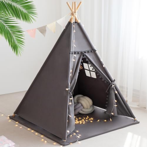 RONGFA Teepee Tent for Kids with Mat, Star Lights, Carry Case, Cotton Canvas Playhouse, Foldable Tents, Portable Children ...