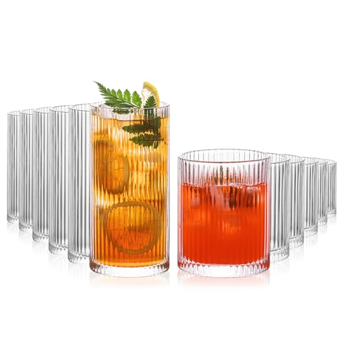 INSETLAN 12-Piece Ribbed Glassware - 6 Highball Glasses 12 oz, 6 Rocks Glass Cups 14 oz, Vintage Cocktail Drinking Glasse...