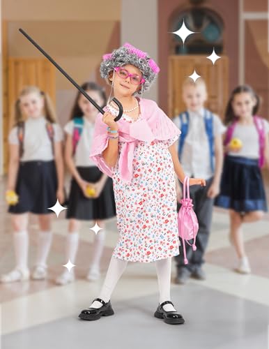 WooWee Kids Girl 100 Days of School Costume, Old Lady Costume for Kids, Halloween Cosplay Dress Up